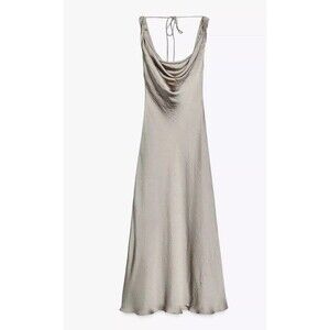 ZARA ZW Collection Satin Long Dress Soft Gold V-Neck NWT Maxi Medium 2590/987